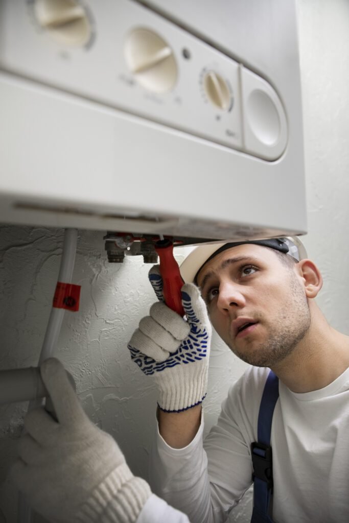 worker repairing boiler